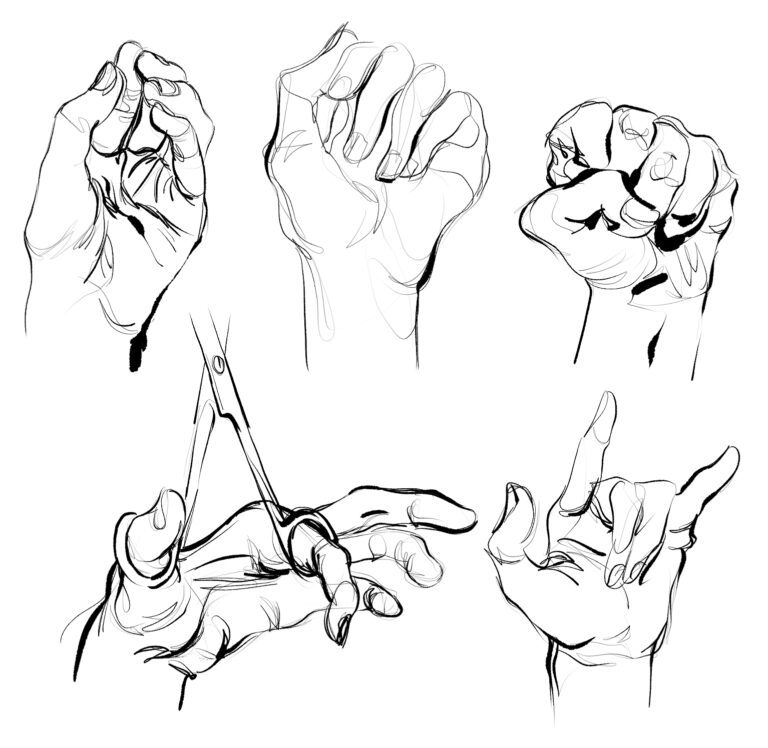 Five digital drawings of hands in various poses.