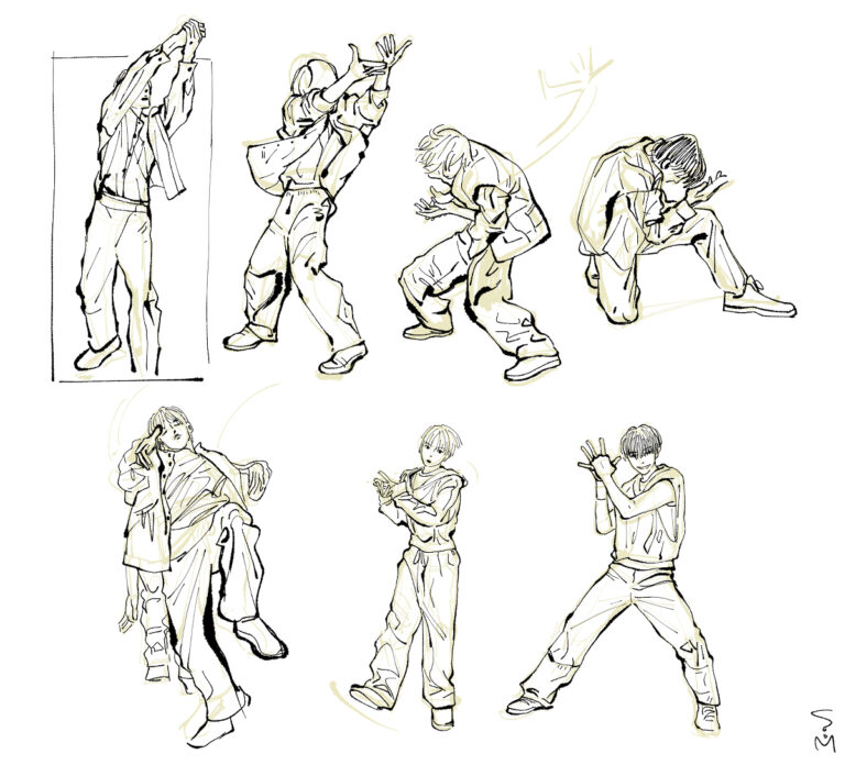 Seven digital drawings of human figures in various dance poses.