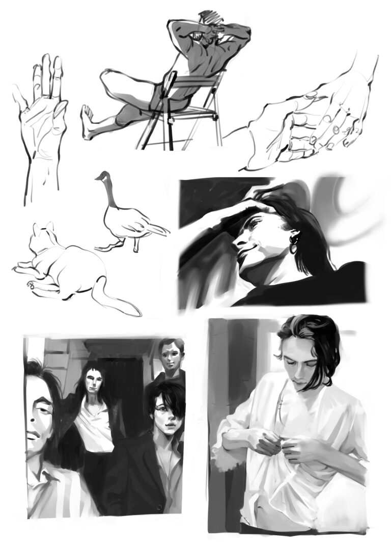 In a black-and-white image, there are five separate digital drawings and three digital paintings. The drawings depict a hand showing its palm, a man sitting on a chair, two hands that are about to grab each other, the back of a cat, and a bird with a long neck. The three paintings depict members of Suede, a band.