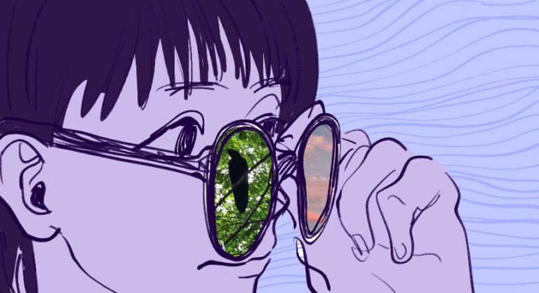 A digital sketch of a close-up shot of a person. The person is wearing sunglasses, holding it with her hand. Photographs are edited on the lenses of the sunglasses.